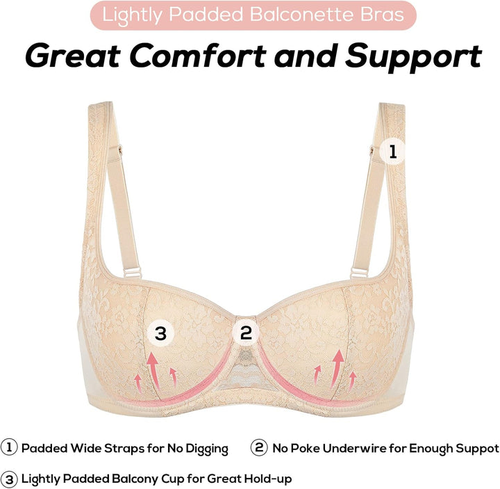 DOBREVA Damen Sexy Balconette BH Spitze BHS mit Bügel Leicht Gepolstert Push Up Grosse Grössen 95B S