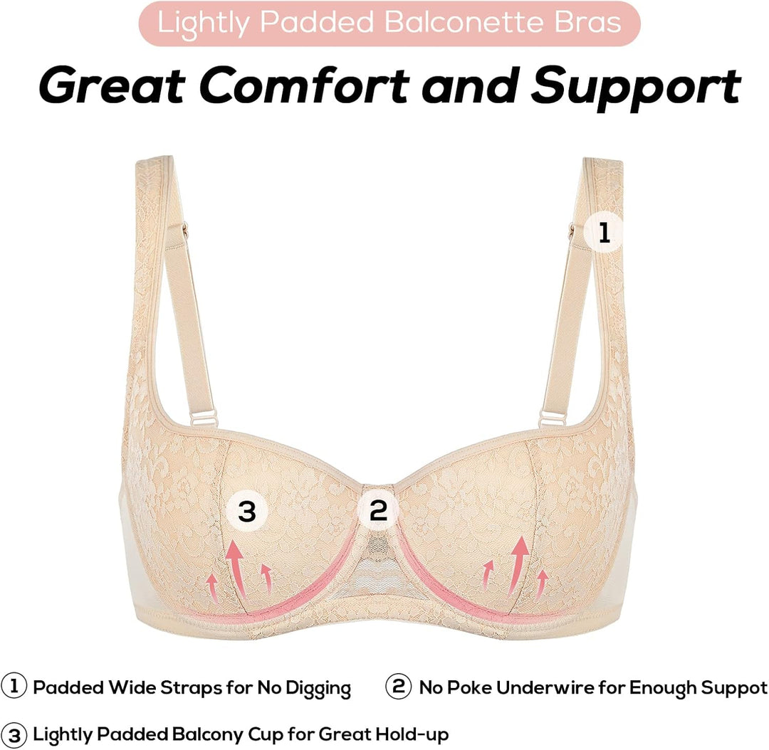 DOBREVA Damen Sexy Balconette BH Spitze BHS mit Bügel Leicht Gepolstert Push Up Grosse Grössen 70C B