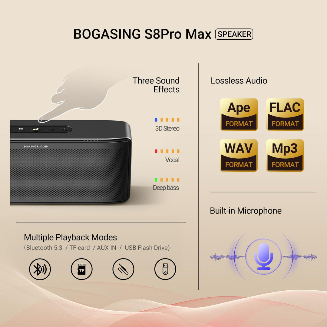 BOGASING S8 Pro Max Bluetooth Lautsprecher, 3 Channel Musikbox mit räumlicher Sound, 5 Treibern & 2