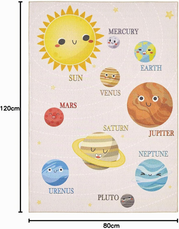 HomebyHome Teppich Kinderzimmer Planeten Muster Jungen-Mädchen Kinderteppich Beige Babyzimmer Teppic
