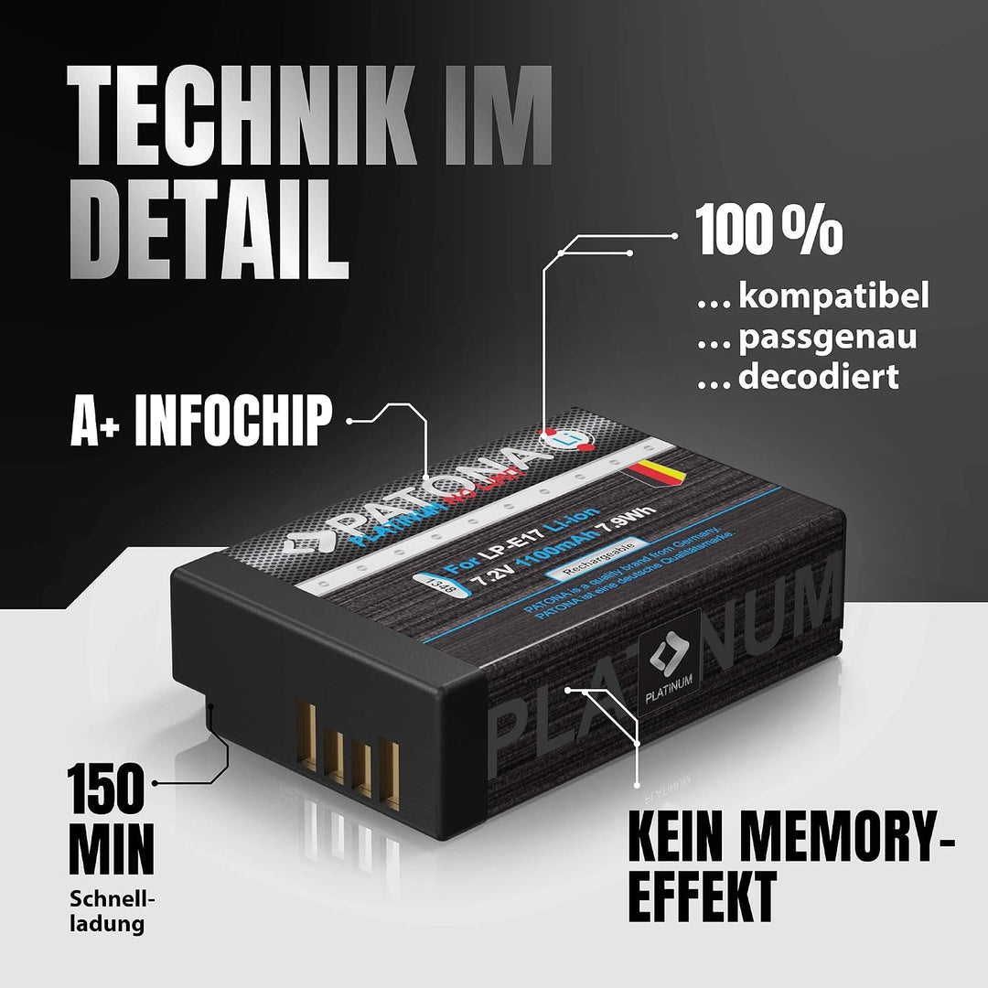 PATONA Platinum Akku LP-E17 1050mAh Kompatibel mit Canon EOS RP R50 R100 M3 M5 M6 Mark II
