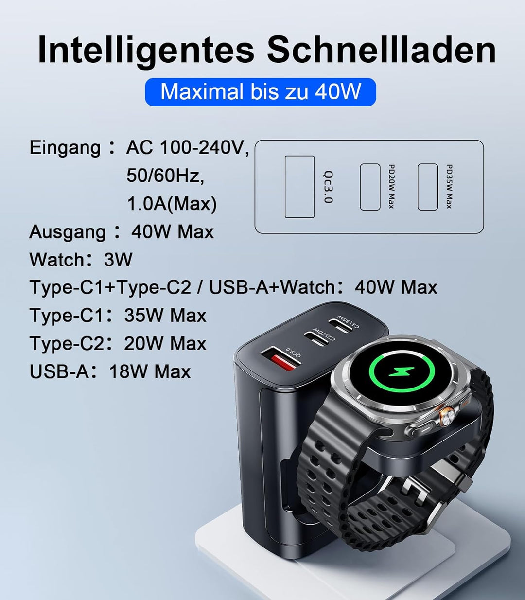 4 in 1 für Samsung Watch Ladegerät,40W USB C Ladegerät PD Schnellladegerät für Samsung Galaxy Watch