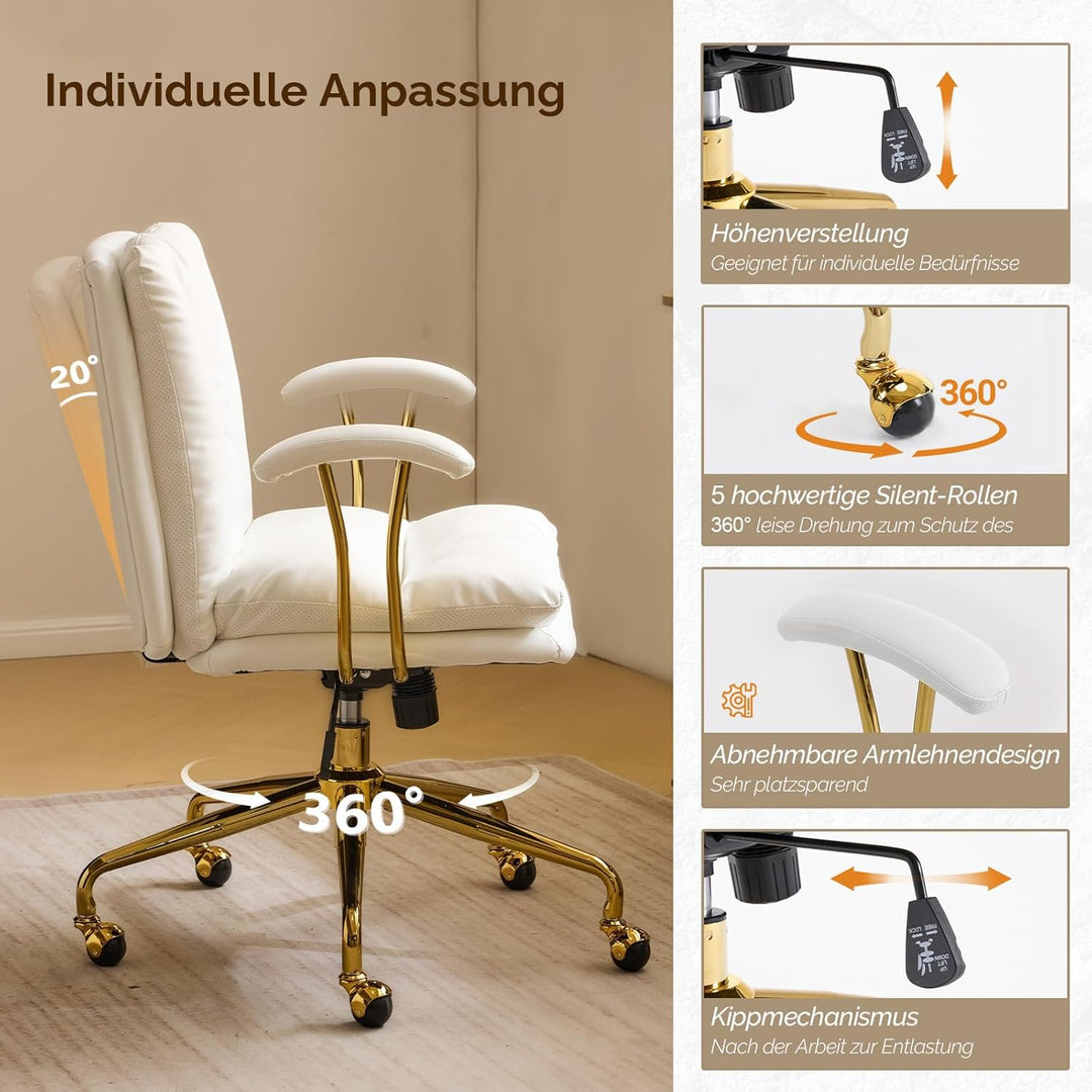 Bonnlo Bürostuhl Ergonomisch, Schreibtischstuhl mit Goldenen Armlehnen, Chefsessel, Drehstuhl mit Ro