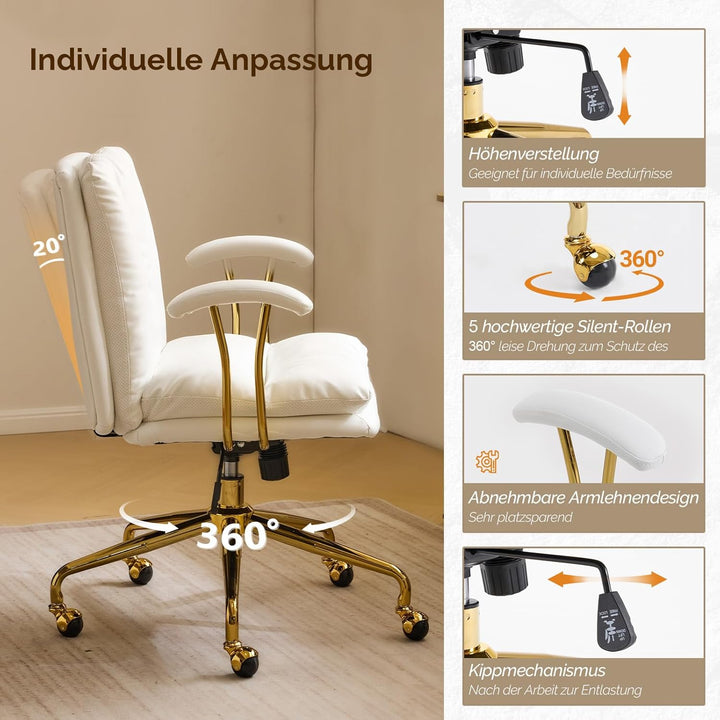 Bonnlo Bürostuhl Ergonomisch, Schreibtischstuhl mit Goldenen Armlehnen, Chefsessel, Drehstuhl mit Ro