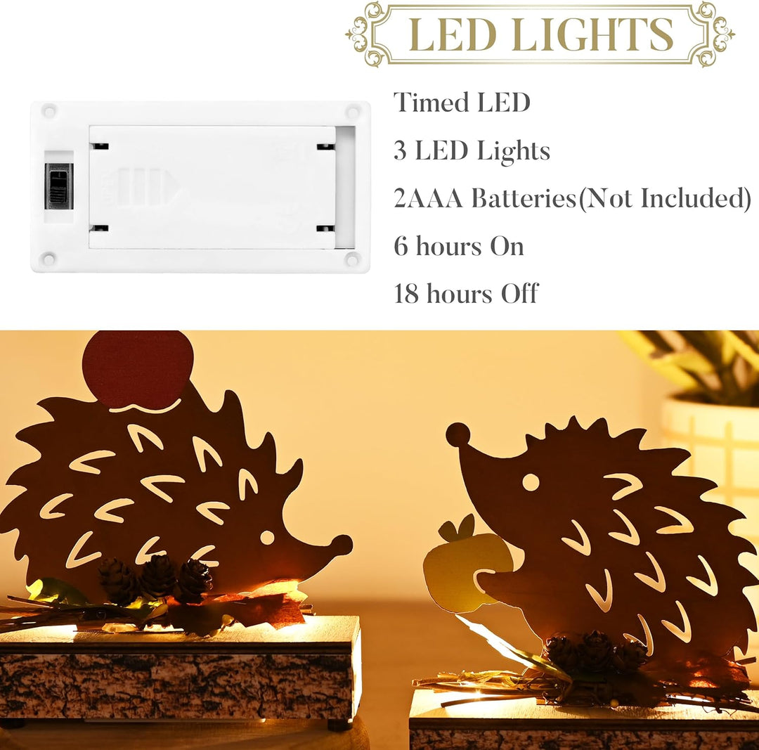 VALERY MADELYN 2er Rost Bunt Metall Igel Figuren für Herbstdeko Innen,mit LED,Sockel mit Holztextur,