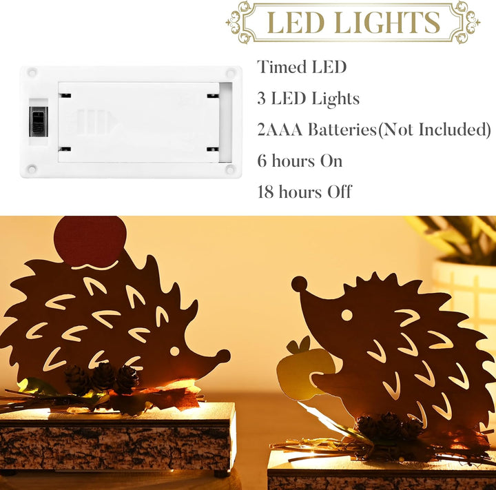 VALERY MADELYN 2er Rost Bunt Metall Igel Figuren für Herbstdeko Innen,mit LED,Sockel mit Holztextur,
