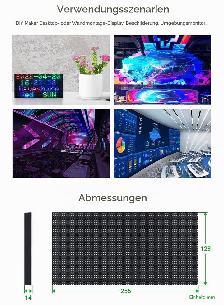 Waveshare RGB Full-Color LED Matrix Panel 4mm Pitch 64×32 Pixels 2048 Individual RGB LEDs Adjustable