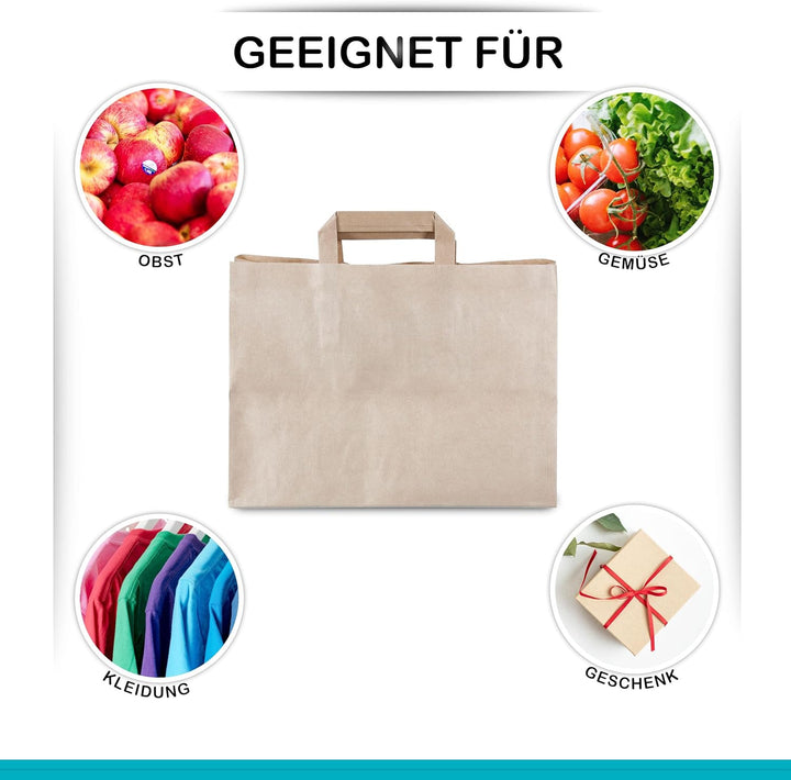 Commerline Papiertüten 250 Stück, Braun, 32+22x25 cm | Kraftpapier Tüten Klein Mit Henkel | Tragetas