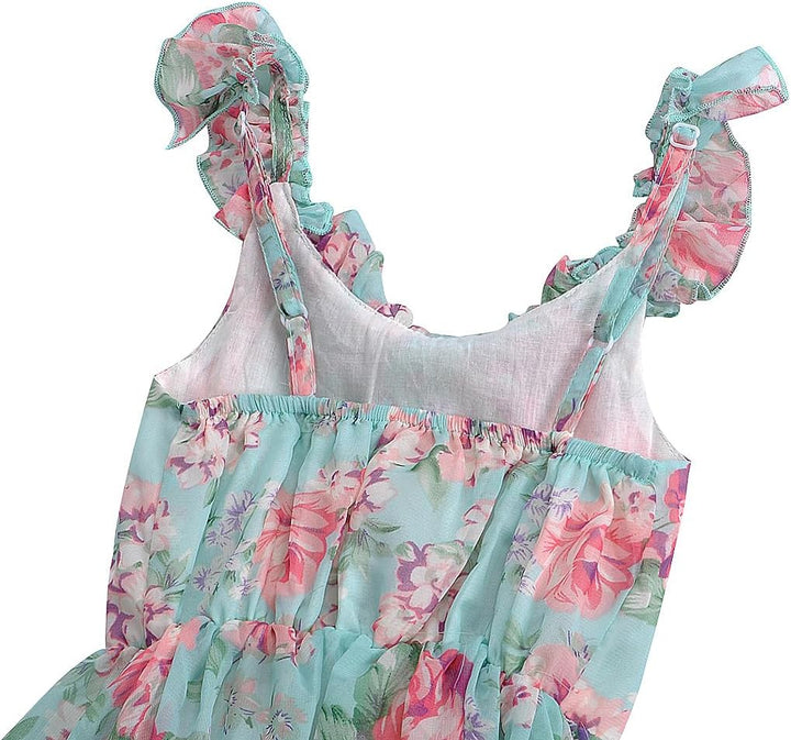 BONNY BILLY Mädchen Kleider Freizeit Blumen Sommerkleid Strandkleid Chiffonkleid Maxikleid mit Rüsch