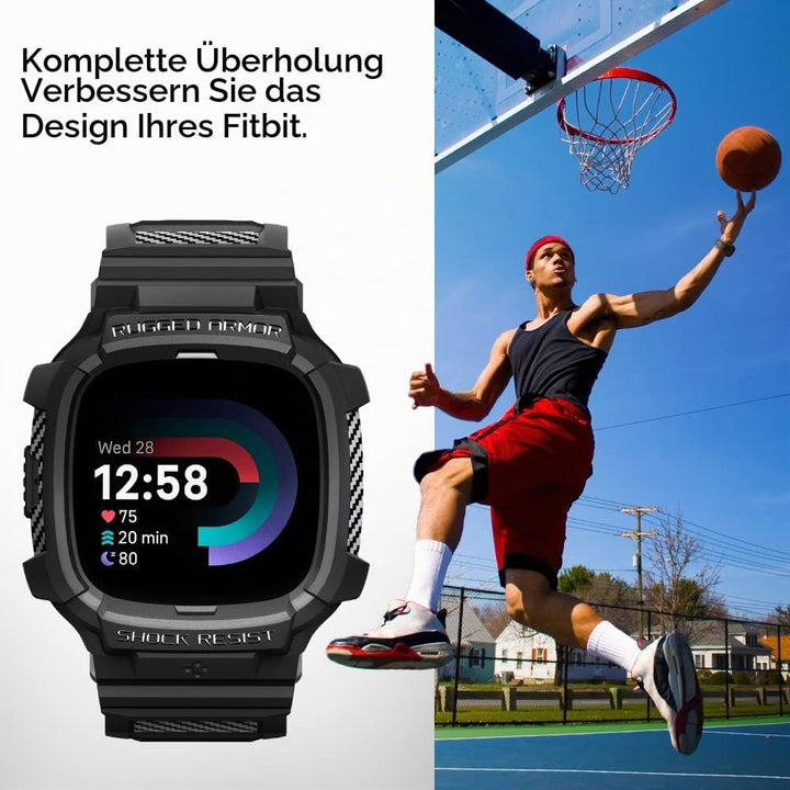 Spigen Rugged Armor Pro Hülle mit Band für Fitbit Versa 4 / Sense 2 | TPU-Unibody-Hülle mit Armband,
