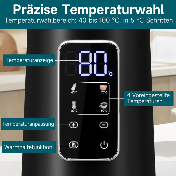 Wasserkocher Mit Temperatureinstellung, 1.7 L Wasserkocher Edelstahl, 2200w Teekessel Mit 40-100°C,