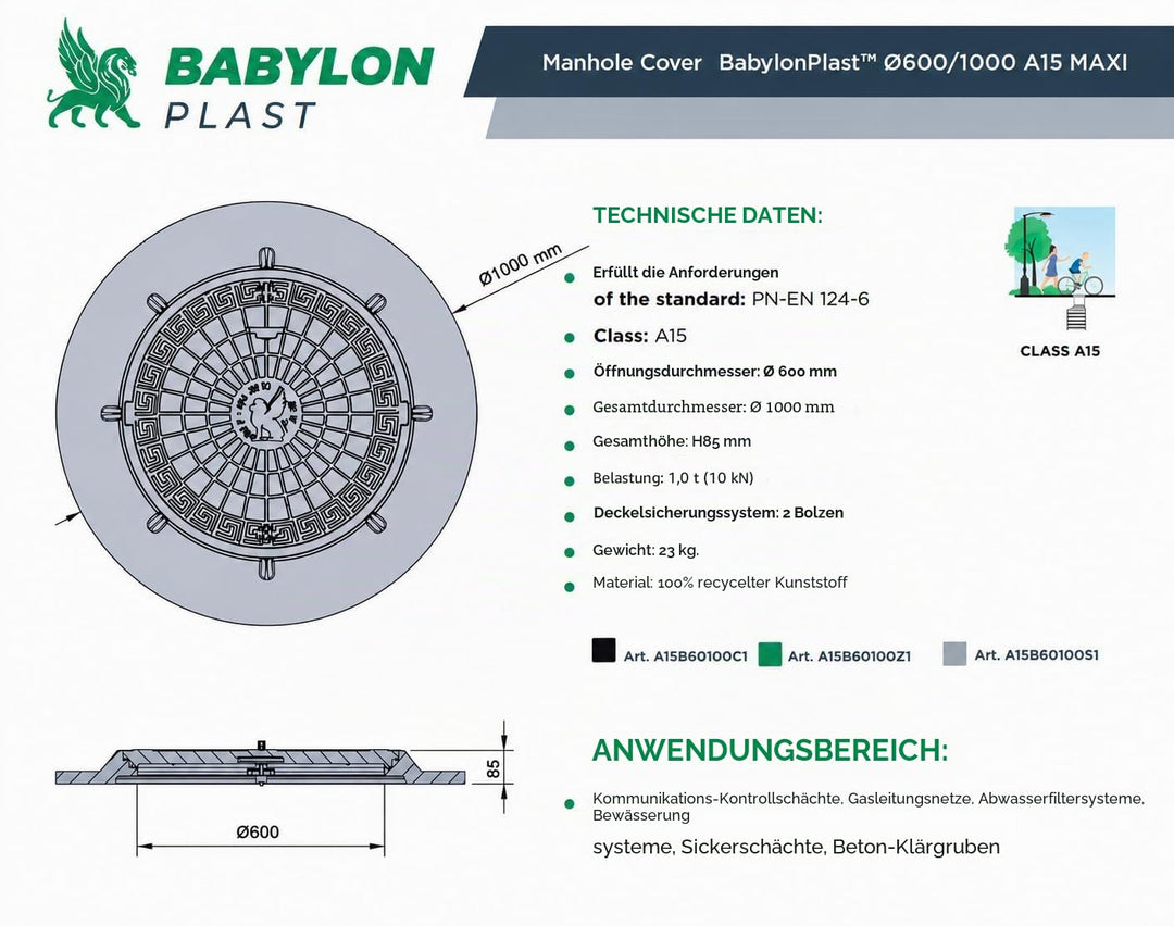 BABYLONPLAST Schachtabdeckung 1000 mm, Schachtdeckel DN1000/600, 10 kN - Hochbelastbarer Kunststoff