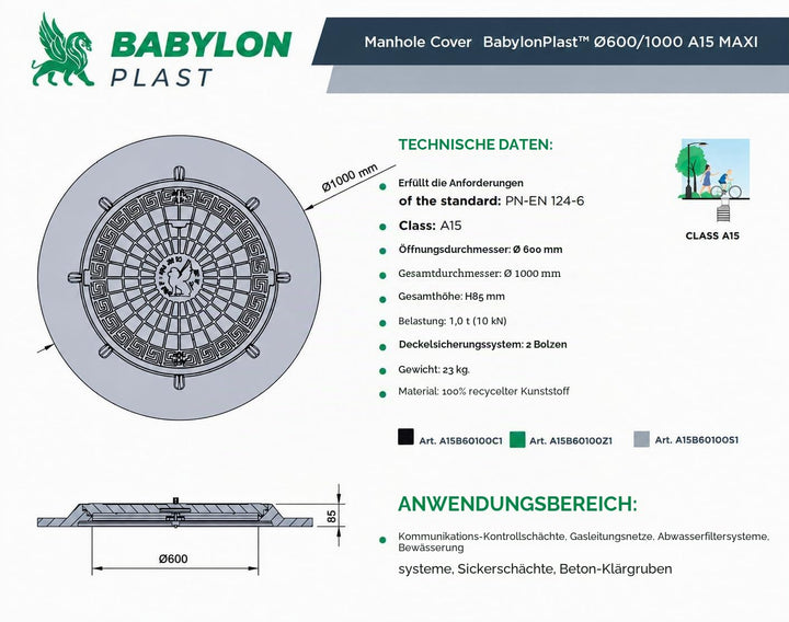 BABYLONPLAST Schachtabdeckung 1000 mm, Schachtdeckel DN1000/600, 10 kN - Hochbelastbarer Kunststoff
