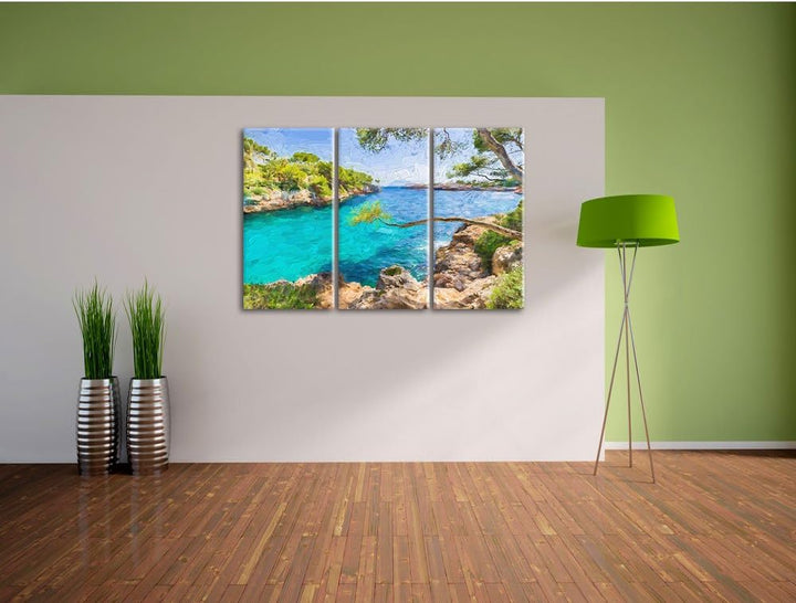 Pixxprint Idyllische Ansicht des Mittelmeers am Mallorca Bay Cove Kunst Pinsel Effekt 3-Teiler Leinw