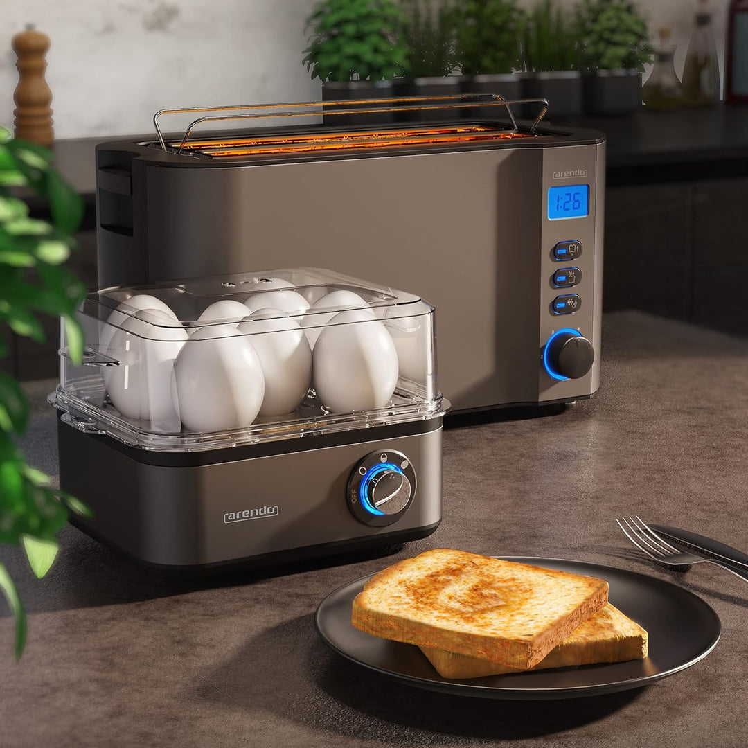 Arendo SET Toaster MANHA mit Eierkocher EIGHTCOOK Edelstahl Cool Grey Toaster 4 Scheiben Display 6 B