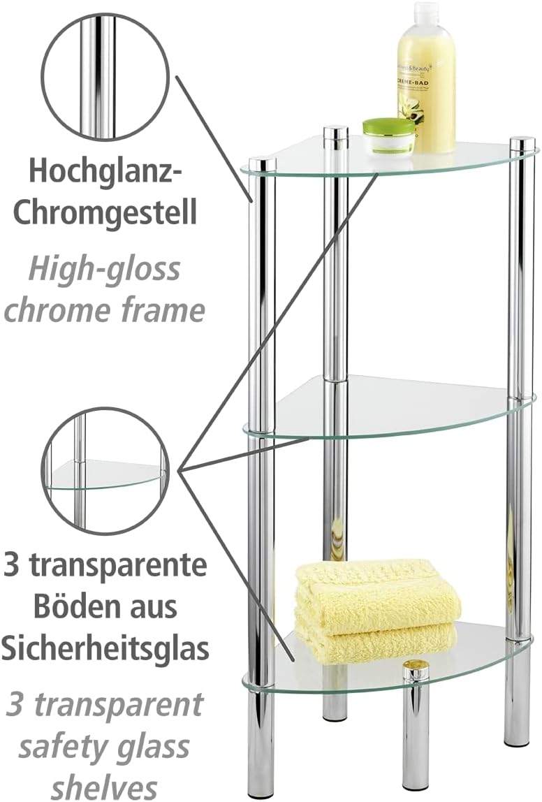 WENKO Eckregal Yago mit 3 Glasablagen - Badregal, Edelstahl rostfrei, 30 x 74 x 30 cm, Glänzend 3 Et