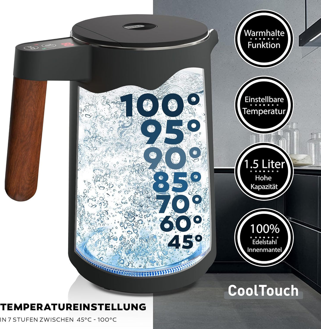 BALTER Edelstahl Wasserkocher mit Temperatureinstellung, 45°C-100°C, Doppelwand, BPA frei, leise & k