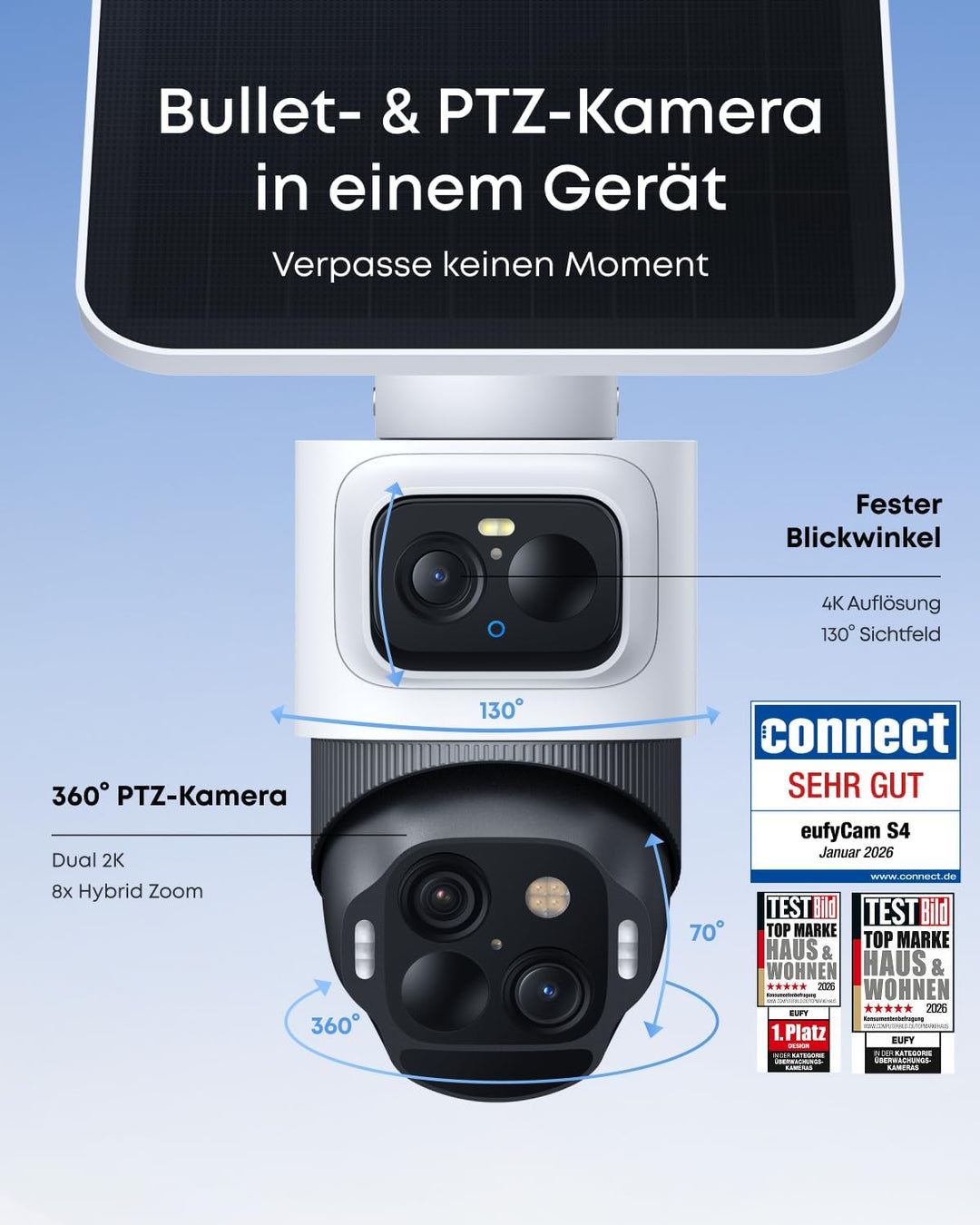 eufyCam S4 2‑Kamera‑Set, kabellose Solar‑Überwachungskamera aussen, 3‑Linsen Bullet‑PTZ‑Kamera, 4K U