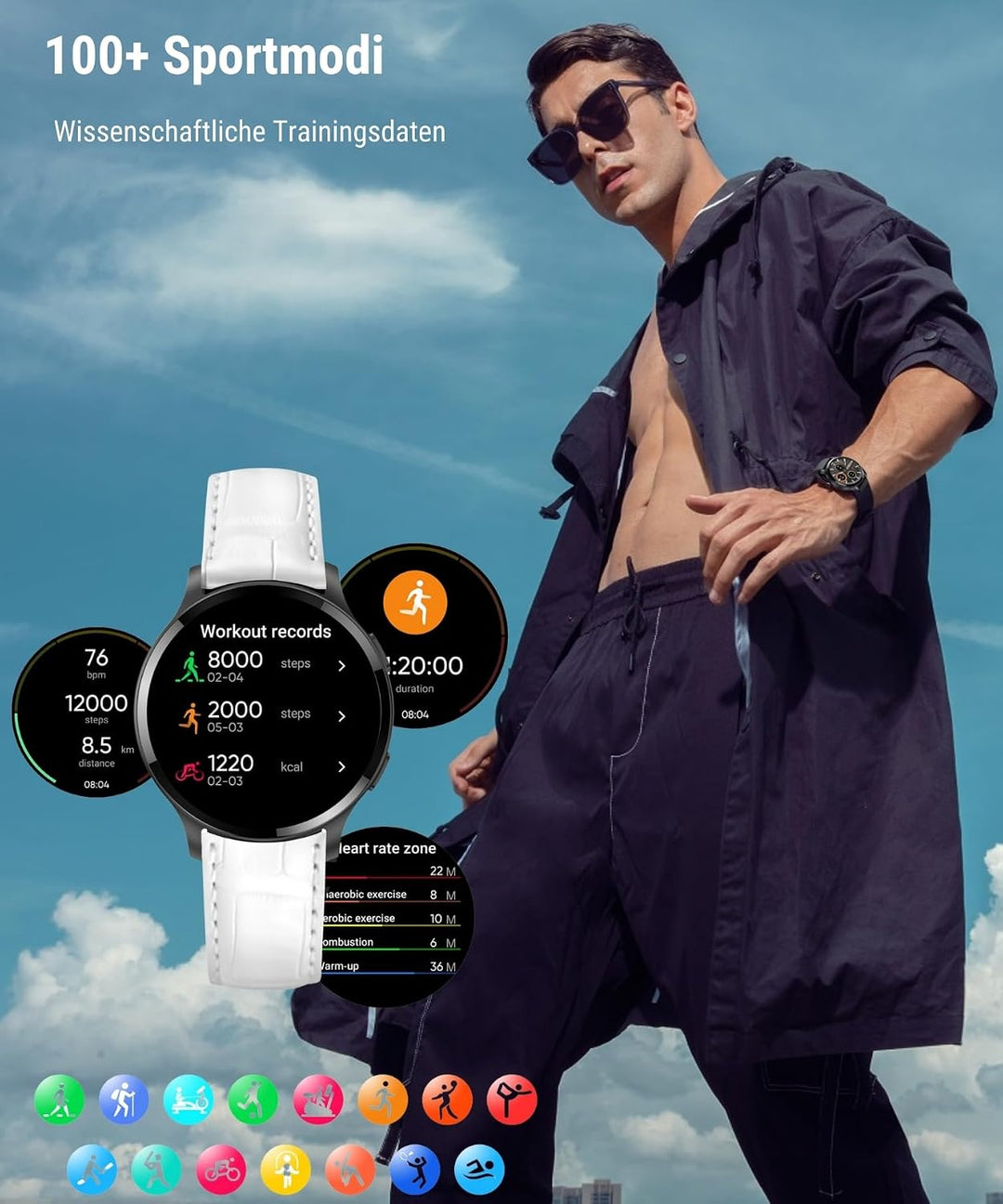 Smartwatch Herren Damen mit Telefonfunktion, 1.5" Fitnessuhr Armbanduhren Sportuhr mit Pulsmesser, M