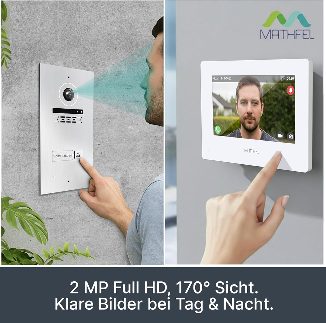 Mathfel 2-Draht Video Türsprechanlage Einfamilienhaus – Full HD 170° Kamera mit WLAN – 3×7-Zoll Touc