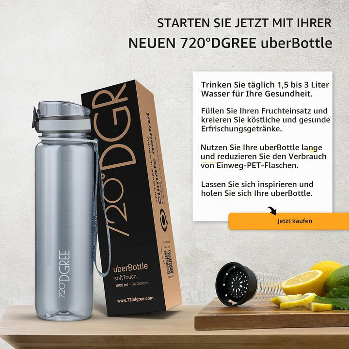 720°DGREE Trinkflasche “uberBottle“ 350ml, 500ml, 650ml, 1l softTouch +Früchtebehälter - Auslaufsich