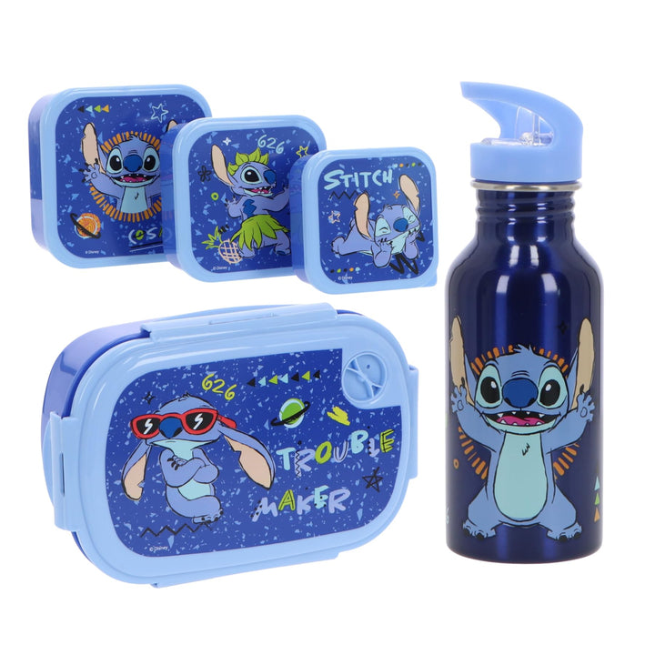Stitch Lunchset für Kinder – 5-teilig mit Brotdose, 3 Snackboxen & Trinkflasche – Blaues Set für Jun