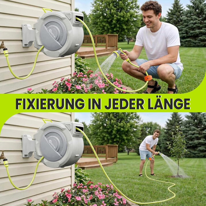 Schlauchtrommel Wasser 30m + 2m, 180° Schwenkbar Wand-Schlauchbox, Automatischer Gartenschlauch trom