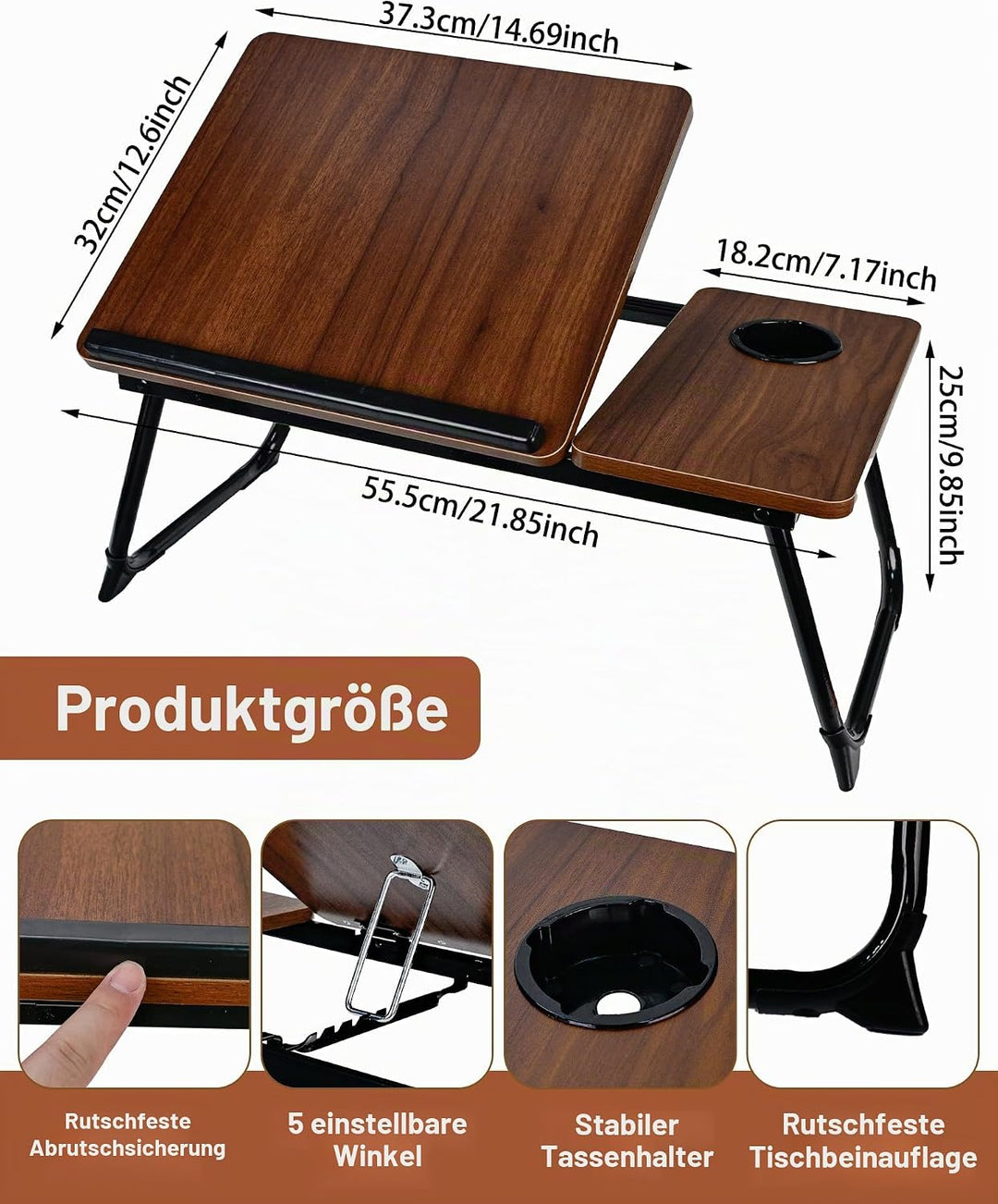betttisch und laptoptisch 55,5x32x25cm - Frühstückstablett mit Leseablage und 5 verstellbaren Winkel