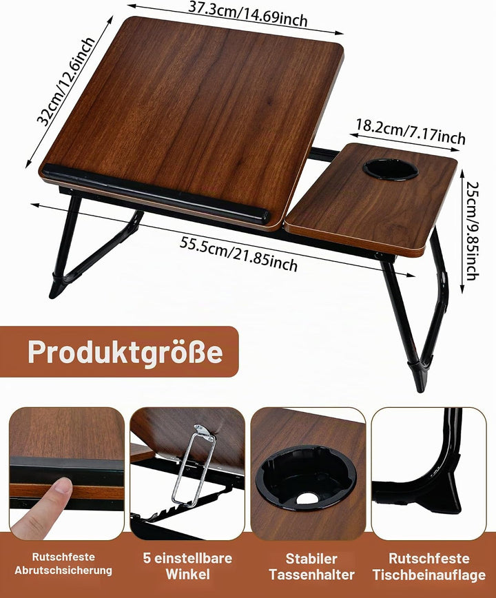 betttisch und laptoptisch 55,5x32x25cm - Frühstückstablett mit Leseablage und 5 verstellbaren Winkel