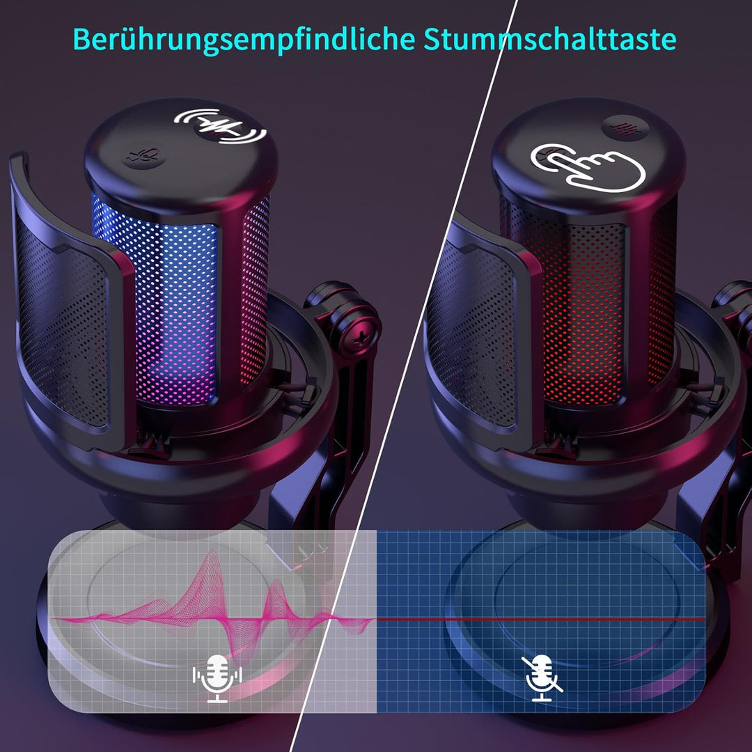 K KASONIC Gaming Mikrofon mit RGB-Beleuchtung, USB Kondensatormikrofon mit Pop-Filter für PC, Schnel
