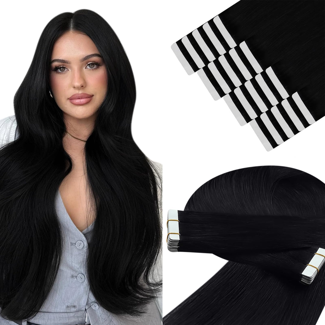 YoungSee Tape Extensions Echthaar Schwarz 55cm Tape Extensions Schwarz Glatt Echthaar Extensions Tap