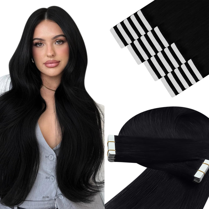 YoungSee Tape Extensions Echthaar Schwarz 55cm Tape Extensions Schwarz Glatt Echthaar Extensions Tap