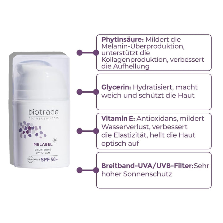Melabel Aufhellende Tagescreme mit SPF 50+ 50ml Hellt Dunkle Flecken auf der Haut auf Gleicht den Ha