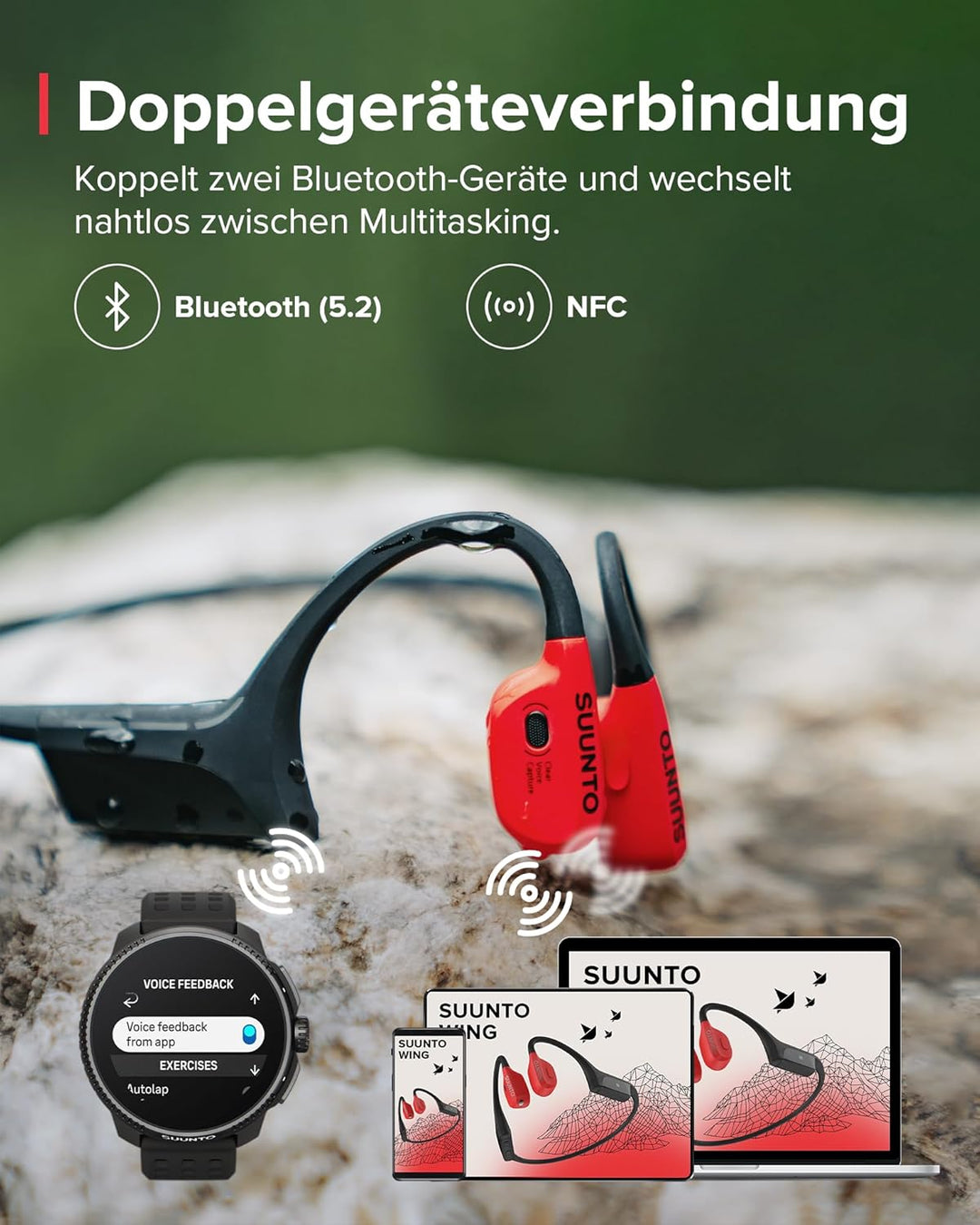 SUUNTO Wing Open-Ear Knochenschall Kopfhörer, Bluetooth Kabellos Sport Kopfhörer, Kopfbewegungssteue