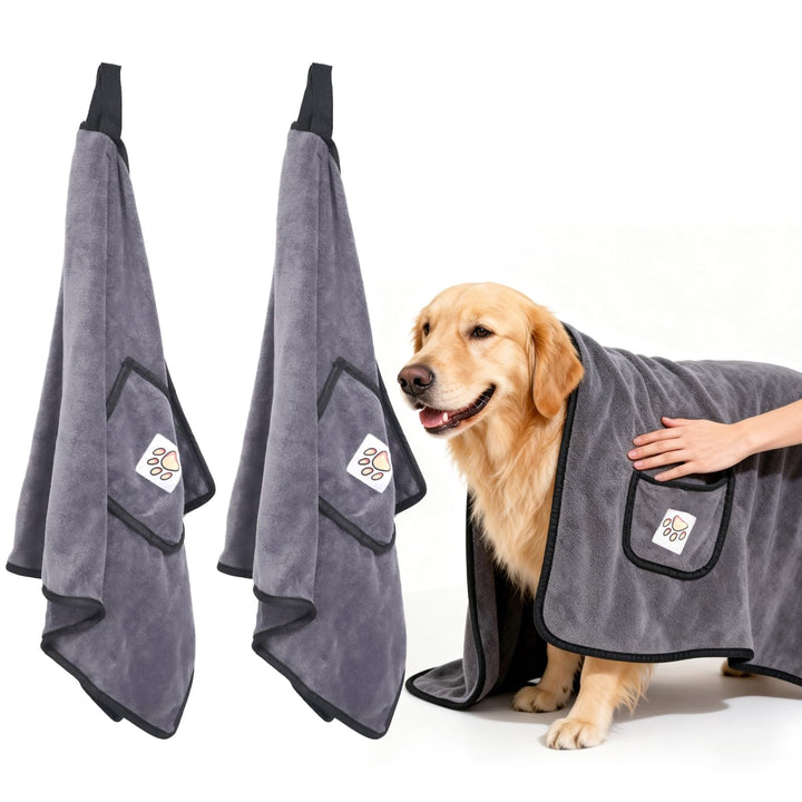 Hundehandtuch 2er Set, Hunde Handtuch Extra Saugfähig, Mikrofaser-Handtücher mit Griffaschen und Tas