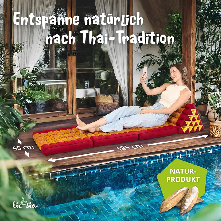 livasia Thaikissen 3 Auflagen extrahoch - 185x55x8cm - Dreieckskissen mit Klappmatratze, Kapok, Jumb