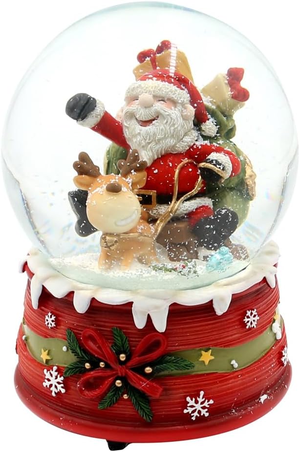 Schneekugel Fröhlicher Weihnachtsmann mit Rentier auf weihnachtlichen Sockel, mit Spielwerk, Melodie