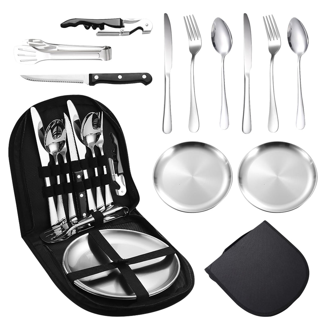 Campingbesteck Set für 2 Personen, Tragbares Edelstahl Outdoor Geschirr Set für Camping, Picknick un