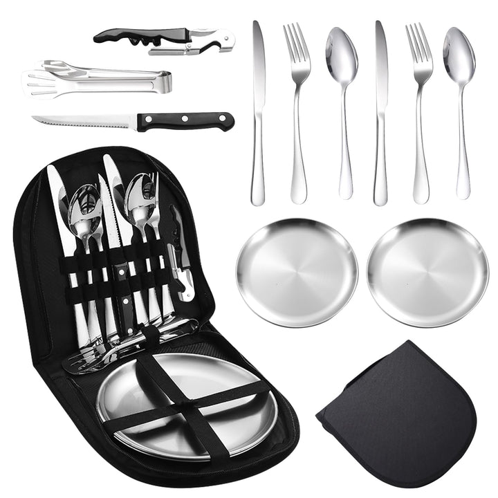 Campingbesteck Set für 2 Personen, Tragbares Edelstahl Outdoor Geschirr Set für Camping, Picknick un