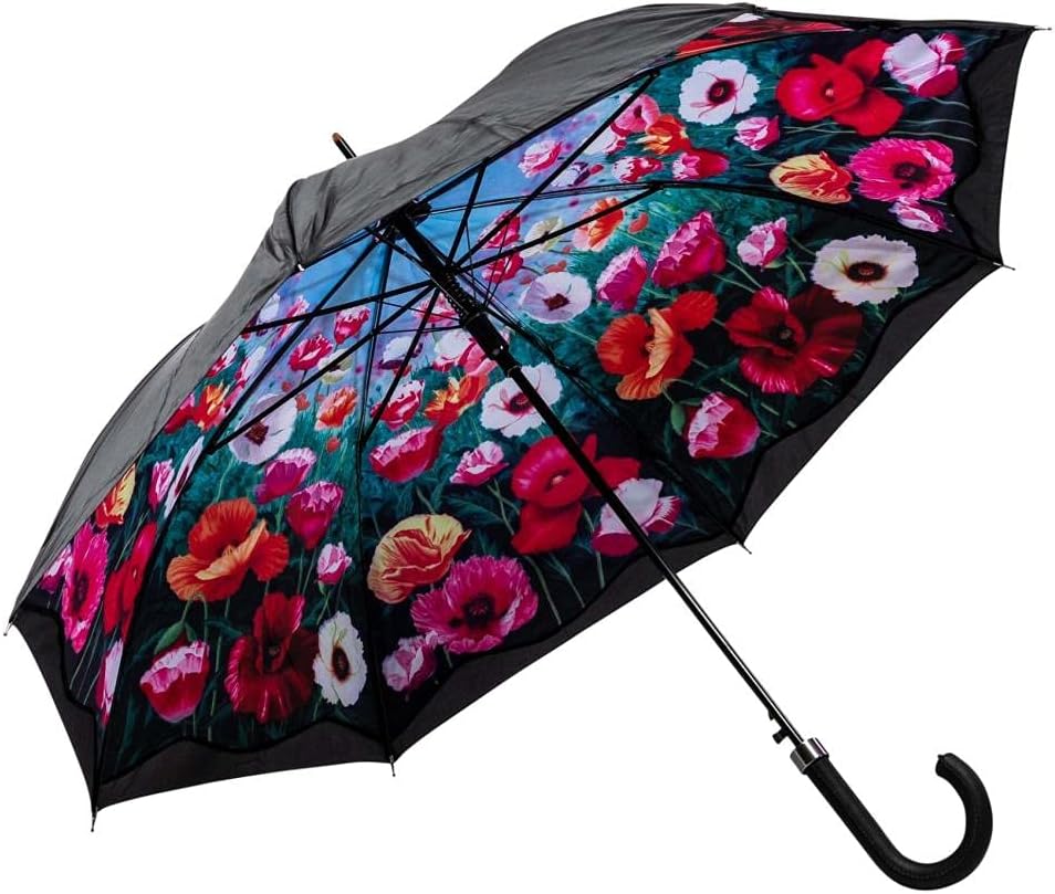 LUCKYWEATHER Regenschirm Stockschirm Damen Motiv Mohnblumen Auf-Automatik Double Layer I Stockregens