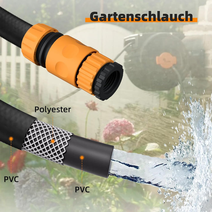 Schlauchtrommel 25m+2m, Schlauchaufroller mit Aufroll-Automatik & 180° Schwenkbar, Wand-Schlauchbox