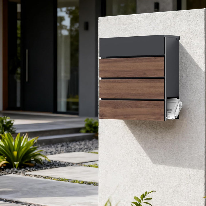 Toboli Briefkasten V63 Anthrazit und Holzdesign 410 x 130 x 370 mm, Wandbriefkasten mit Schloss, Sof
