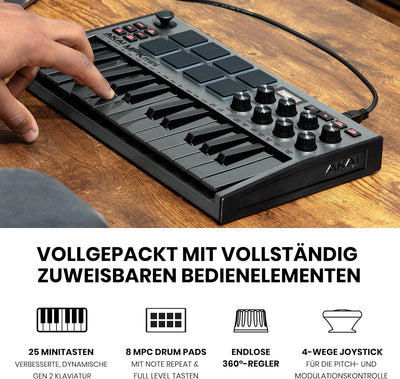 AKAI Professional MPK Mini MK3 – 25-Tasten USB MIDI Keyboard Controller, 8 hintergrundbeleuchtete Dr