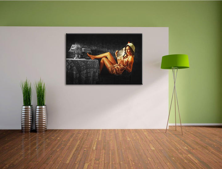 altmodische Dame mit Fächer und Drink schwarz/weiss Format: 100x70 auf Leinwand, XXL riesige Bilder