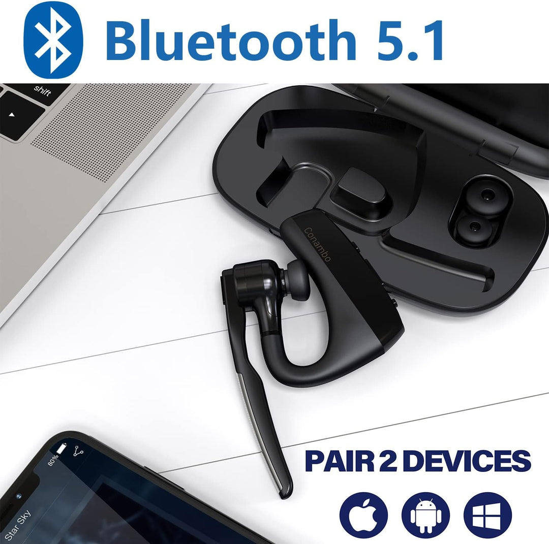 Conambo Bluetooth Headset V5.1 Wireless Headset Hands-Free CVC8.0 Dual-mic, Noise cancelling, Mute K