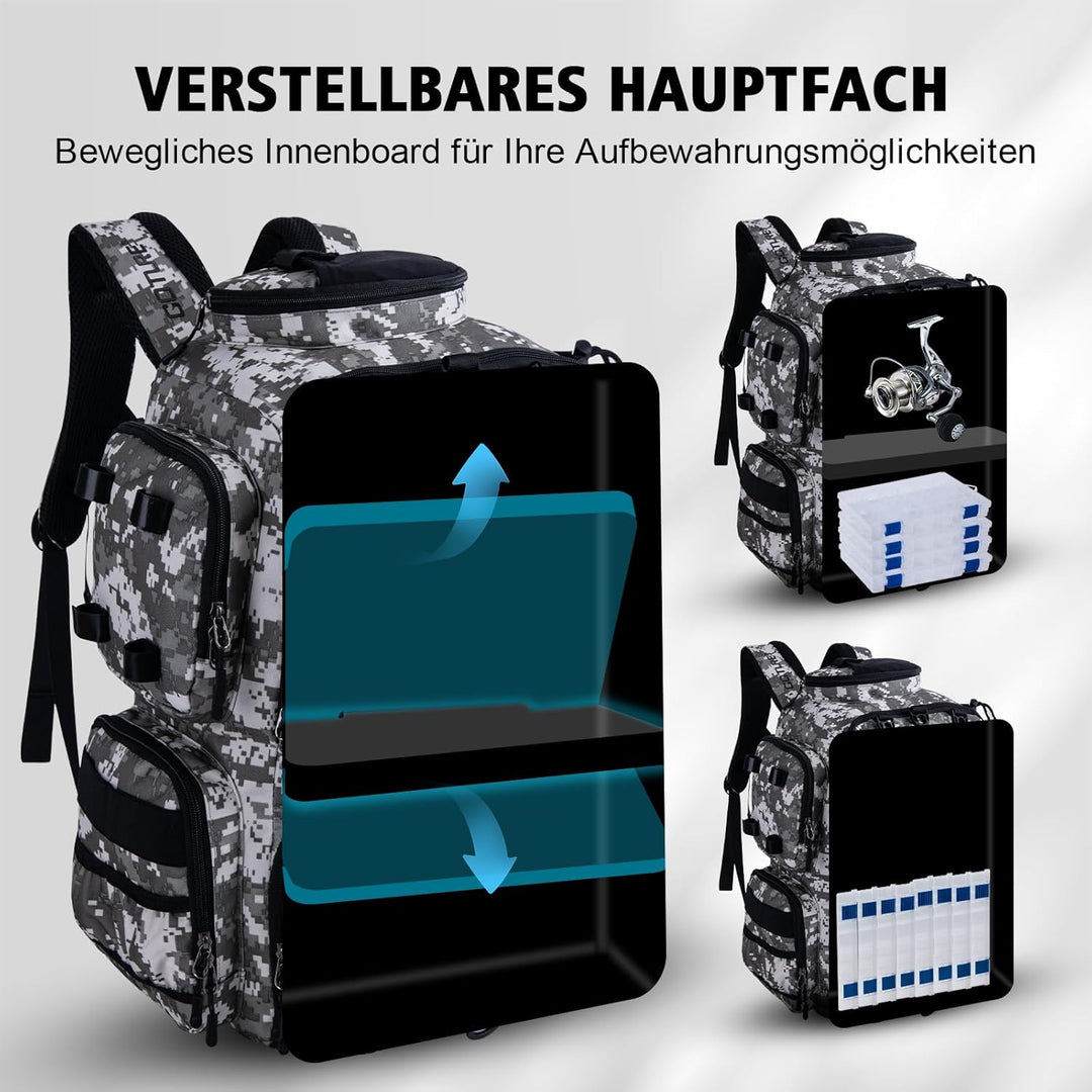 Goture Angelrucksack mit 4 Köderbox Angeln, 45-Liter Angelzubehör-Rucksack mit Zwei Rutenhaltern und
