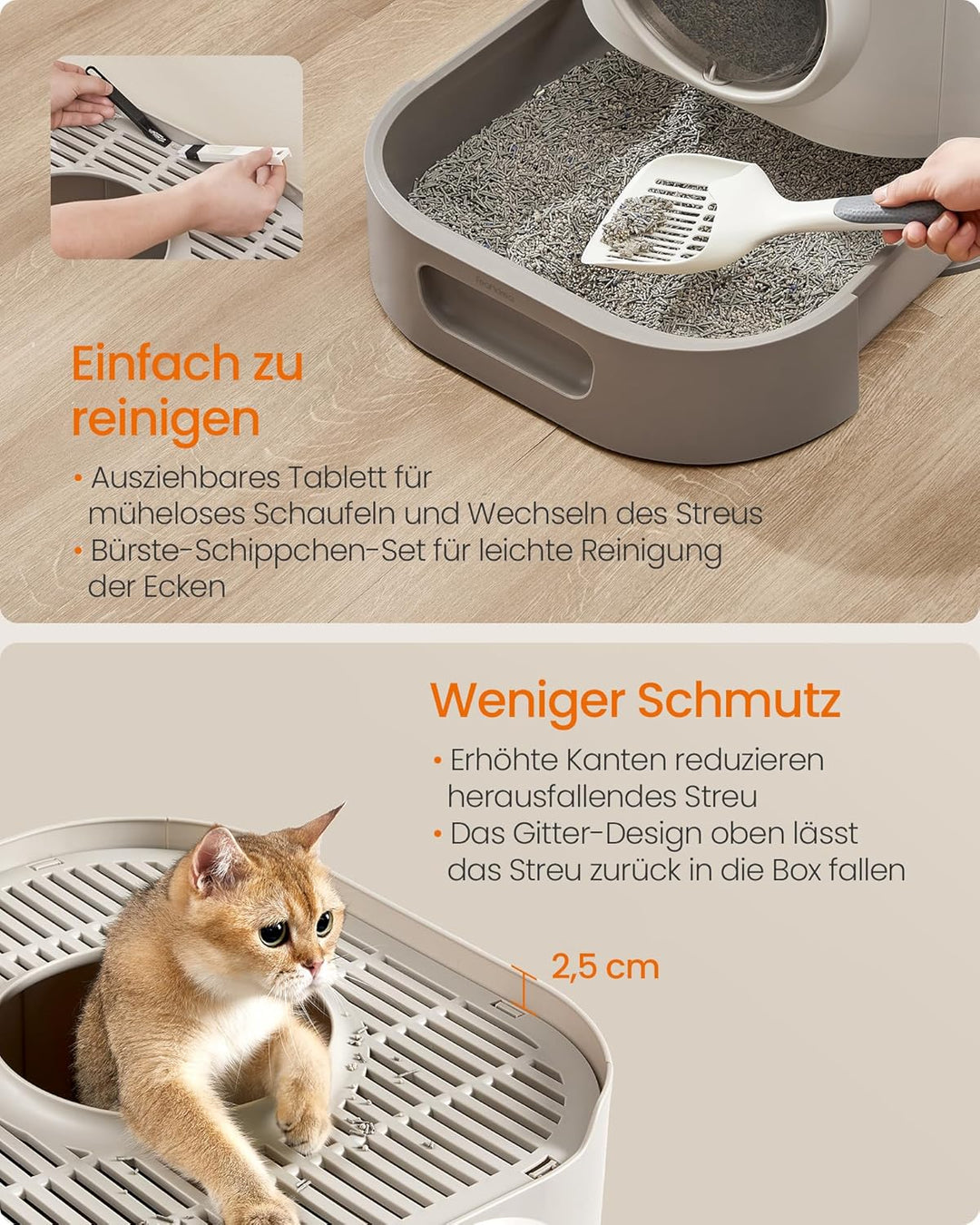 Feandrea Katzenklo, Katzentoilette XXL, mit Deckel, ausziehbares Tablett, Schaufel, Bürste, geräumig