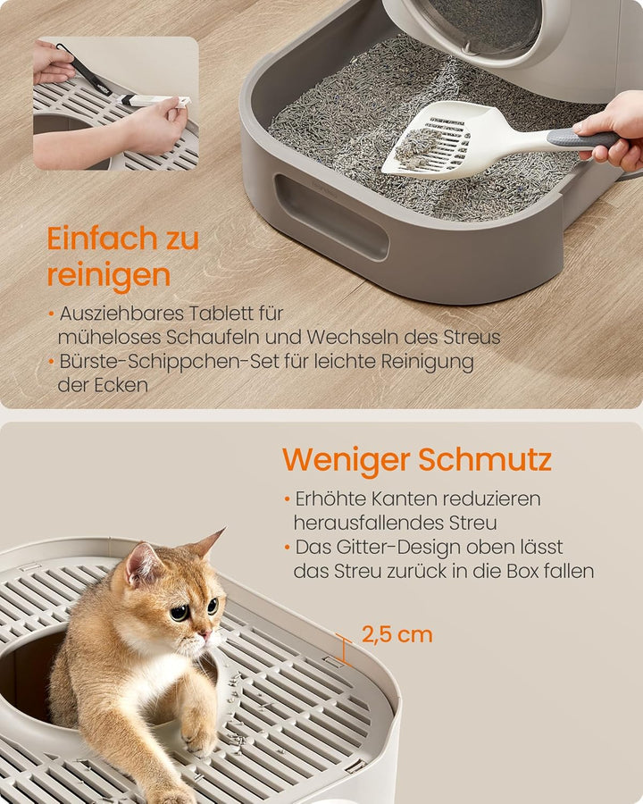Feandrea Katzenklo, Katzentoilette XXL, mit Deckel, ausziehbares Tablett, Schaufel, Bürste, geräumig