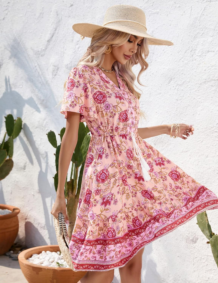 Damen Sommerkleid Boho Tunika Kleid Kurzarm Minikleider V-Ausschnitt Strandkleid kurz Blumenkleid Rü
