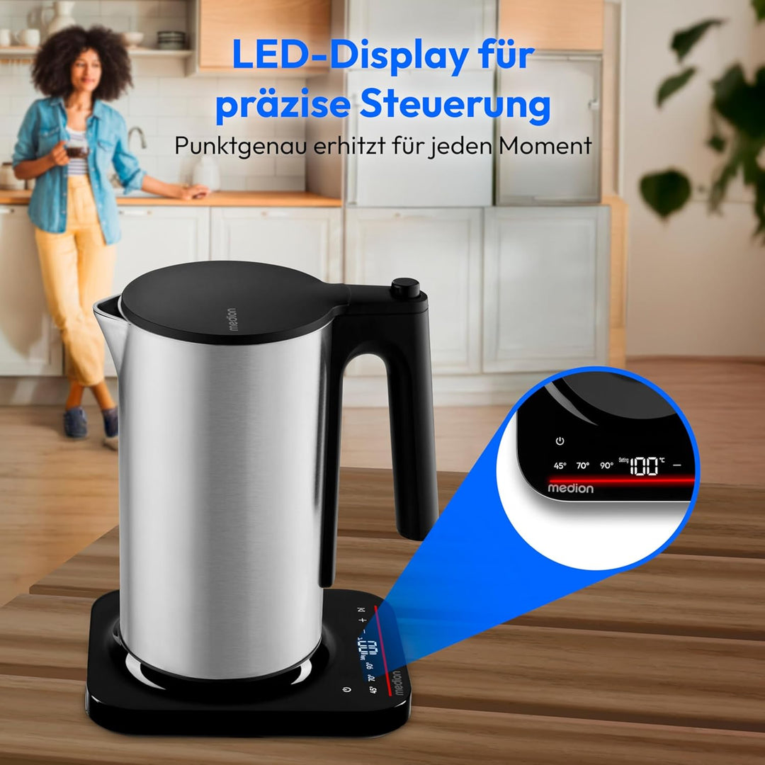 MEDION LIFE Digitaler Wasserkocher MD12106, 2.200 Watt Leistung, 1,5 Liter Kapazität, LED-Display, L